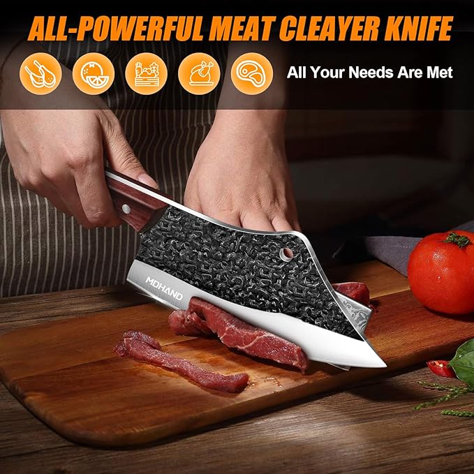 MDHAND 14PCS Butcher Knife Set, Hand Forged Butcher Chef Knife Set with Roll Bag, Sharp Meat Cleaver Knife & Bone Chopper Knives & Fillet Knives for Home & Camping & BBQ Gift for Men