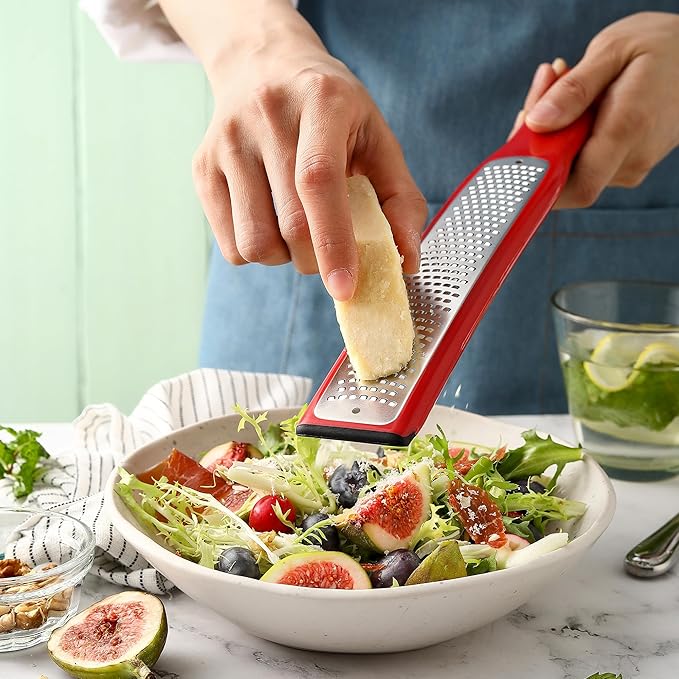 Spring Chef Premium Red Lemon Zester Grater with Handle - Fruit, Garlic, Citrus, Nutmeg, Orange Zester Tool - Heavy Duty Kitchen Shredder - Stainless Steel Ginger Grater with Blade Cover - Fine Shred