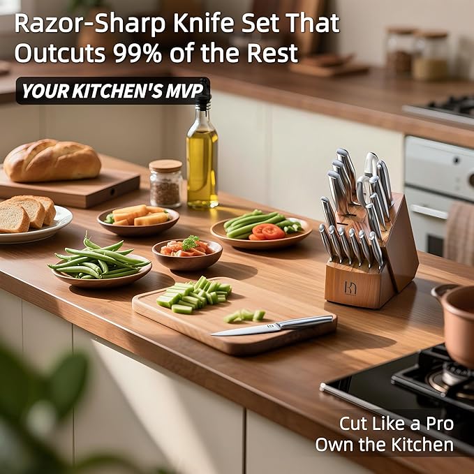 Kitchen Knife Set with Block 17 Pcs, Knife Block Set, Japanese High Carbon Stainless Steel Knives Set for Kitchen with Sharpener, Razor Sharp Premium Block Knife Sets