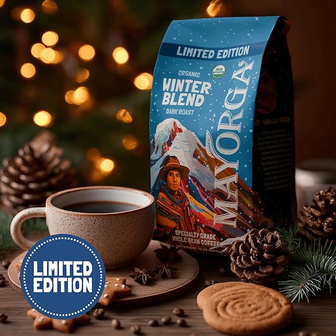 Mayorga Seasonal Dark Roast Coffee, 2 lb bag - Winter Blend Coffee Roast - 100% Arabica Whole Coffee Beans - Bold & Smooth Organic Coffee - Specialty Grade, Non-GMO, Direct Trade, Kosher