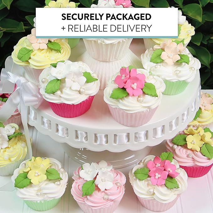 Global Sugar Art Blossoms and Leaves Edible Sugar Cake & Cupcake Flowers, Peach, Small Unwired, 24 Count with leaves by Chef Alan Tetreault