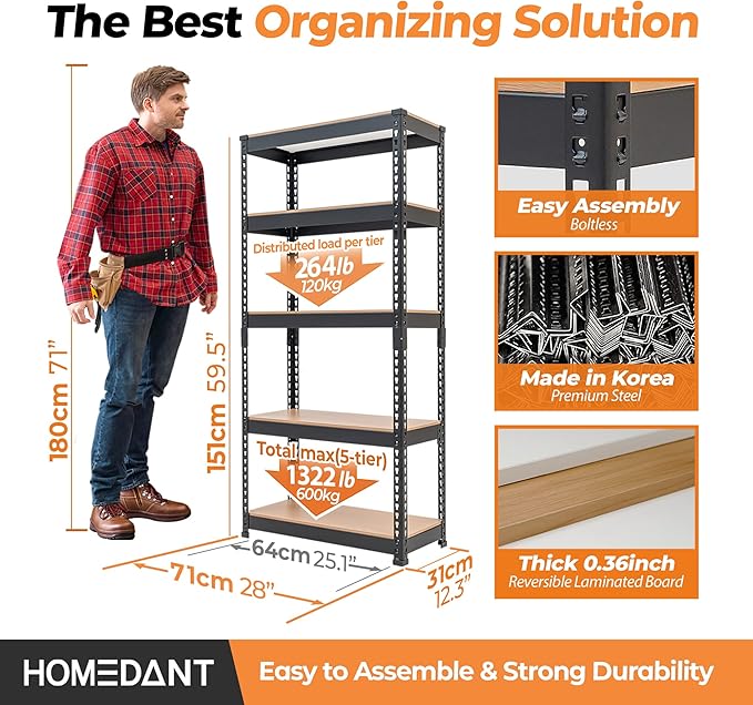 HOMEDANT 28" W x 12.3" D x 59.5" H 5-Tier Boltless Metal Shelving Unit Adjustable Garage Storage Utility Rack Heavy Duty Shelves Organization Shelf Warehouse Kitchen Living Room Pantry 10Pack