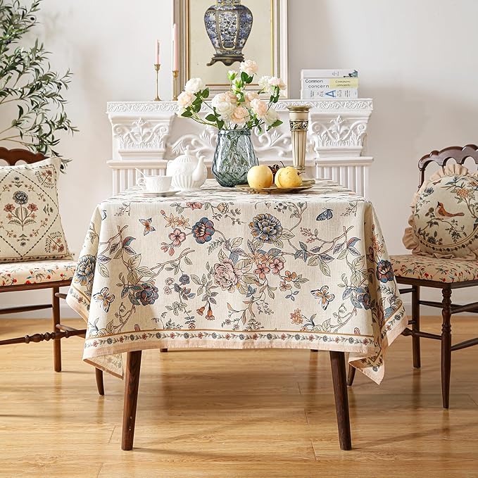 ISAENNE Designer French Light Beige Square Tablecloth,Linen Florals and Birds Pattern Table Cloth,Anti-Wrinkle Decorative Tablecloths for Dining Thanksgiving Kitchen Party,67"*67"-Cornucopia