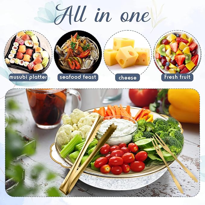 Baderke 2 Sets 11.8" Chilled Serving Tray for Parties Round Iced Platter with Ice Underneath Stainless Steel Clip Fruit Fork Shrimp Cocktail Serving Dish for Oysters Crawfish Fruits (Gold)