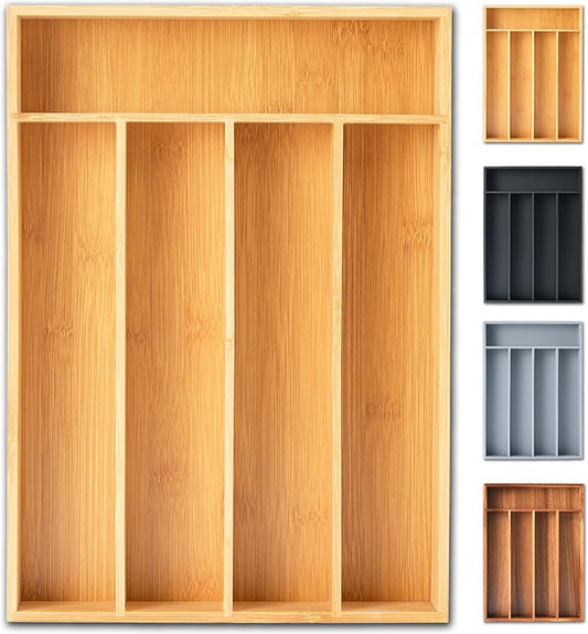 Silverware Organizer, 10 Inch Utensil Organizer Kitchen Drawer Organizer Bamboo Silverware Holder Cutlery Tray Organizer in Drawer Flatware Organizer Tray(5 slots, Natural）