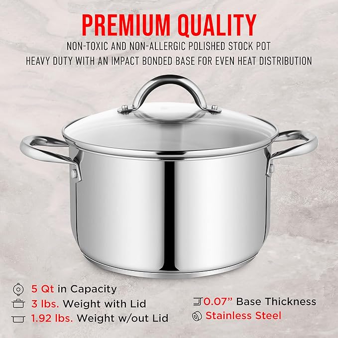 Stainless Steel Stockpot with Tempered Glass Lid 5 Quart, Durable 18/0 Stainless Steel, Impact-Bonded Base for Even Heating, Riveted Handles, Oven & All Stove Compatible, Safe Up To 500°F (260°C)