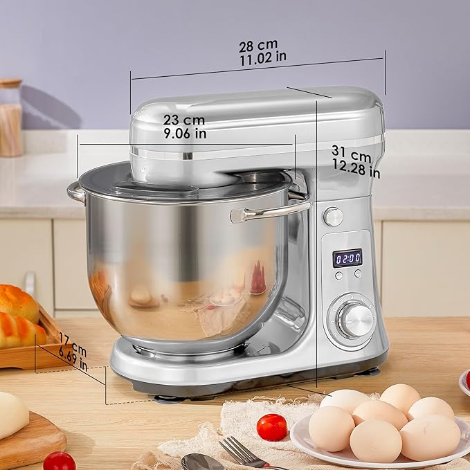 Biolomix Kitchen Electric Stand Mixer, 6 Speed Tilt Head Food Mixer with 6.5 QT Stainless Steel Bowl, Dough Hook, Flat Beater, Whisk and Anti Splash Cover (6.5 QT, Light Silver)