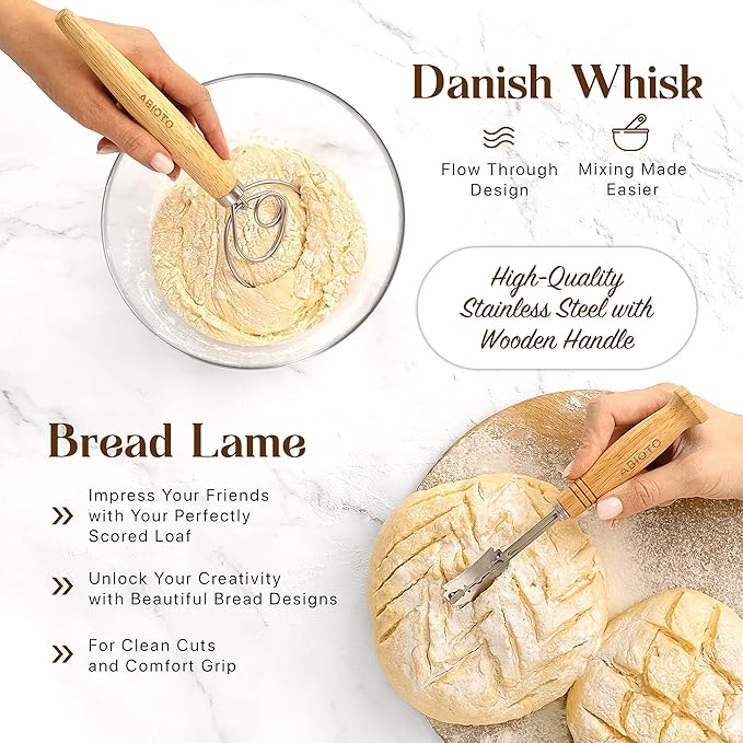 Sourdough Bread Baking Supplies and Starter Kit - Ultimate Bread Making and Sourdough Starter Kit with Proofing Baskets, Sourdough Jar, Bread Lame, Scrapers and Danish Whisk
