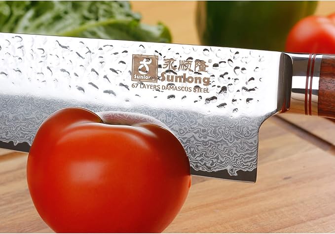 SUNLONG Chef's Knives 12 inch Pro Gyuto Japanese Hammered Damascus Natural Bloodwood Hand