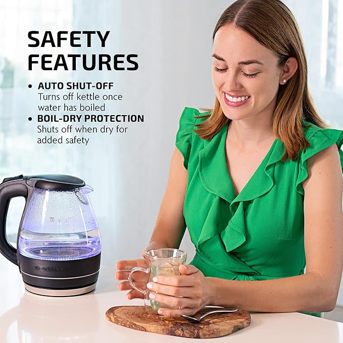 OVENTE Electric Kettle, 1.5L Borosilicate Glass Countertop Water Heater and Boiler for Coffee or Tea, BPA-Free, Auto Shut-Off, Boil-Dry Protection, Removable and Washable Spout Filter, Black KG83B