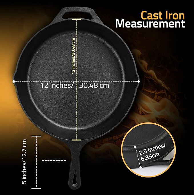 Utopia Kitchen Cast Iron Skillets 12 Inch, Chef's Pan, Pre-Seasoned Frying Pan, Stovetop, Oven, Campfire and Grill Large Skillet, Even Heat Distribution Multipurpose Cast Iron Pan - Black