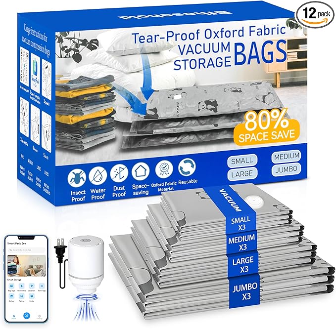 Heavy Duty Space Saver Vacuum Storage Bags with Pump & Smart Storage App, Reusable Oxford Fabric Vacuum Seal Bags for Bedding, Clothing, Blankets, Comforters & Travel Luggage(12 Pack)