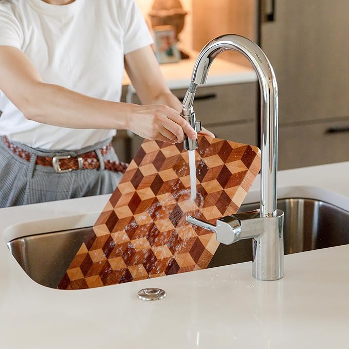 End Grain Wooden Cutting Board for Kitchen 15.5"x 11.5" - Walnut Hardwood Chopping Block with Non Slip Grips - Ideal for Charcuterie & Meat Butcher - Handmade 3D Design Wood (1.1'' Thick, Large)