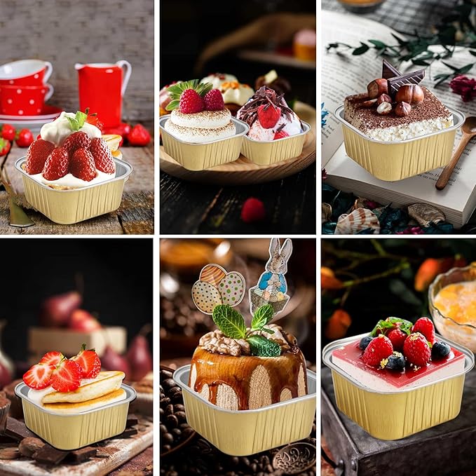50 Pcs Mini Square Baking Cups with Lids,10oz Aluminum Foil Mini Cake Pans with Lids,Disposable Ramekins Cake Pans,300ml Dessert Cups Cupcake Pans for Wedding Birthday Party,Gold