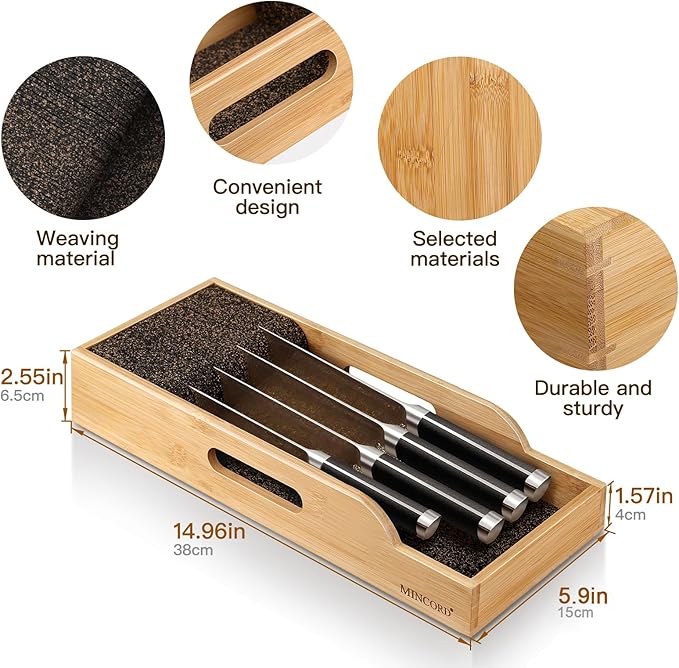 Bamboo Knife Drawer Organizer Insert Dock, Kitchen Steak Knives Organizer Storage for Any Chef