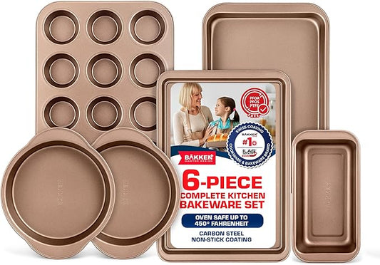 BAKKEN 6-Piece Kitchen Baking Pan Set - Commercial Grade Carbon Steel Bakeware, With Nonstick Coating, Stackable and Space-saving Design, PFOA, PFOS, PTFE Free, Oven Safe Tray (Up To 450°F), Brown