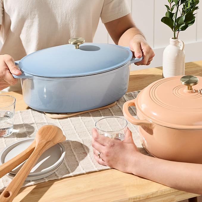 Best Choice Products Oval 7.5 Quart Enamel Cast-Iron Dutch Oven, Heavy-Duty Pre-Seasoned for Baking, Cooking w/Side Handles – Cornflower Blue