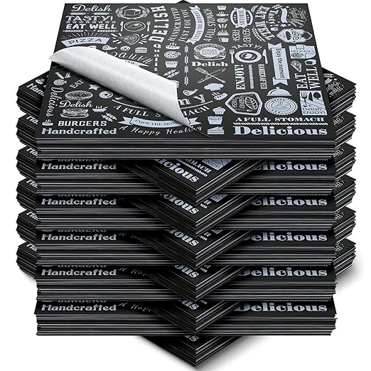 Outus 1000 Pcs 12 x 12 Inch Deli Wax Paper Sheets Grease Resistant Tray Basket Liners Newsprint Paper Water and Grease Proof Sandwich Wrapping Square Hot Dog Wrappers for Food Baking (Black)