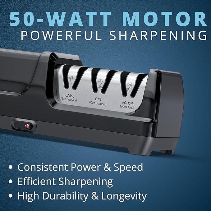 Yatoshi Electric Sharpener, 50-Watt, Diamond Abrasives and Precision Angle Guides, 20-Degree Straight-Edge and Serrated Knives, 3 Stage