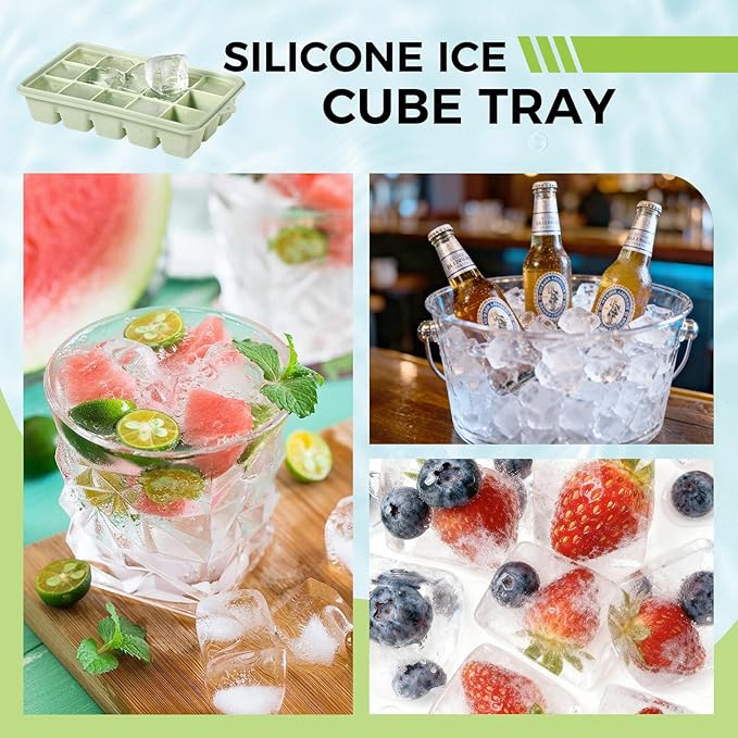 Silicone Ice Cube Trays with Lid, Set of 4, Easy Release Ice Molds, Reusable and Stackable Ice Trays for Freezer for Cocktail, Whiskey, Baby Food, BPA Free (green)