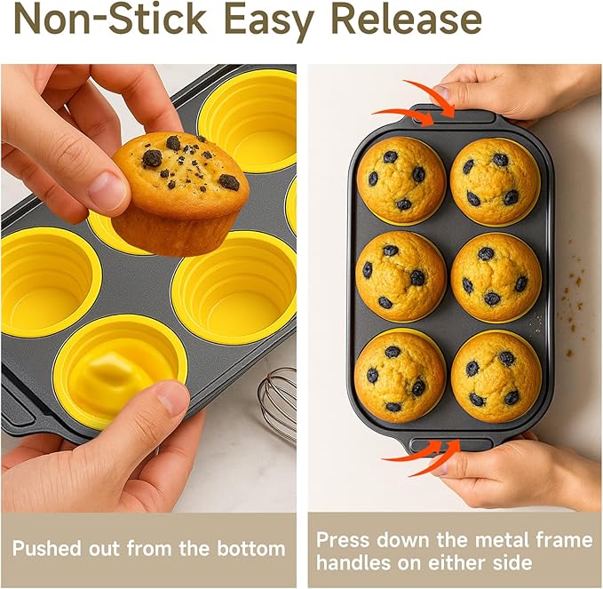 Silicone Muffin Pan for Baking with Metal Frame, Nonstick, 6 Cups Silicone Cupcake Pan, Muffin Tray,Jumbo Muffin Pan, Muffin Molds for Baking Muffins, Cupcakes, Egg Bites (Yellow, 1Pcs)