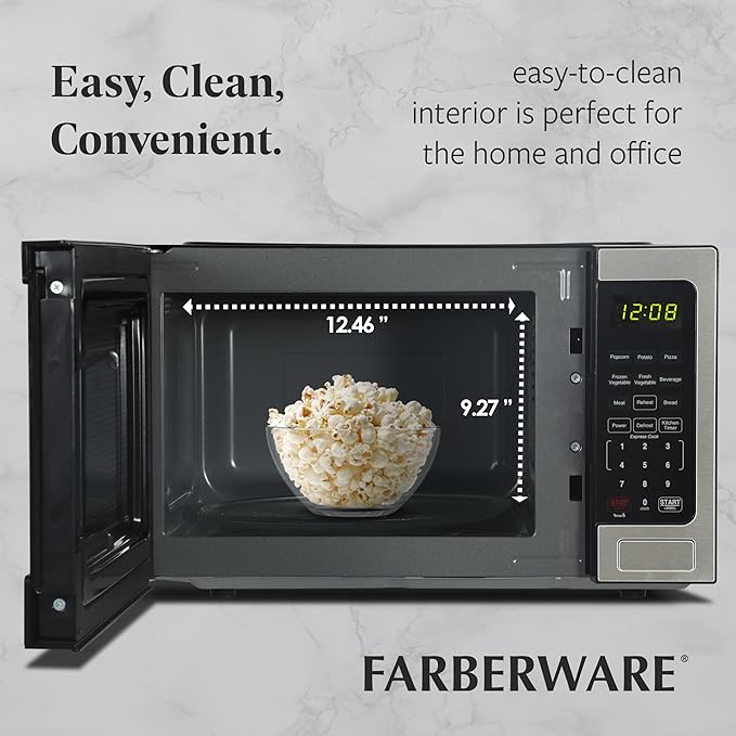 Farberware 0.9 Cu. Ft. Countertop Microwave Oven – 900 Watts Power, Auto Cook Settings, Defrost, Easy Clean and Child Safety Lock-Stainless, Stainless Steel