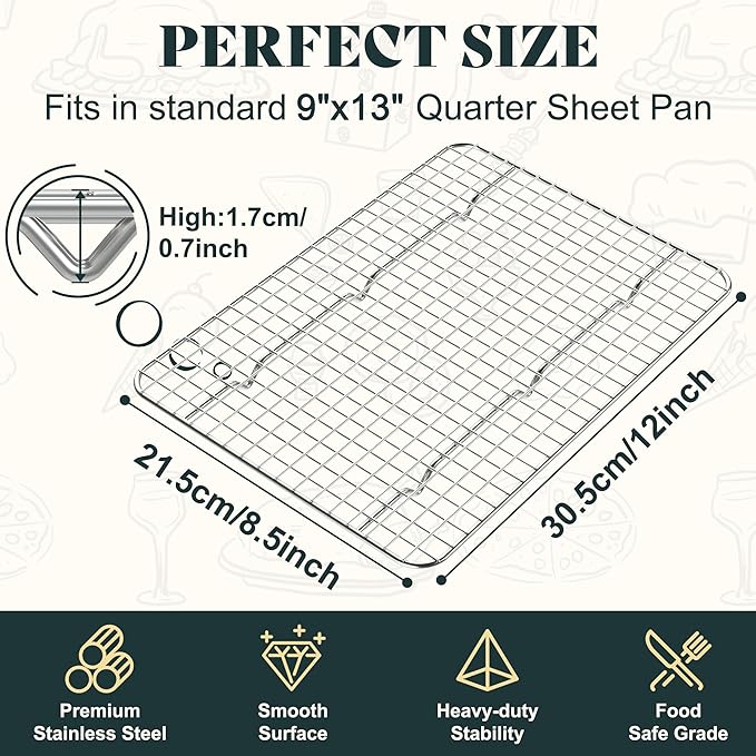 Cooling Racks for Cooking and Baking - 8.5"x12" Oven Safe Premium Stainless Steel Heavy Duty Baking Rack Tight-Wire, Fits Quarter Sheet Pan for Roasting & Grilling & Cooking - Set of 2
