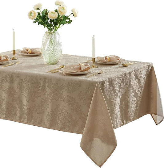Newbridge Barcelona Luxury Damask Fabric Tablecloth, 70” Extra Wide x 144” Rectangle, Golden Beige, 100% Polyester, No Iron, Soil Resistant Dining Room, Party and Banquet Table Cover
