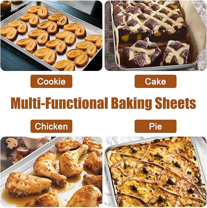 TeamFar Baking Sheet Set of 3, 17.6/16/ 12.5 Inch Stainless Steel Cookie Sheets Baking Pans, Metal Oven Baking Tray for Cooking Roasting Serving, Non-Toxic & Mirror Finish & Dishwasher Safe