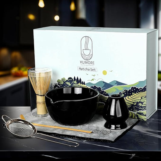 6 Pcs Matcha Whisk Set | Matcha kit with Black Bowl, Bamboo Whisk, Scoop, Sifter, Holder for whisk & Cleaning Cloth, Traditional Matcha Set in Magnetic Gift Box