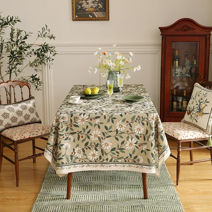 ISAENNE Designer Green Linen Square Table Cloth,Floral French Country Indoor Tablecloth,Stain Resistant Home Decor Tablecloths for Dining Kitchen Thanksgiving Christmas Party,67"*67"-Brune