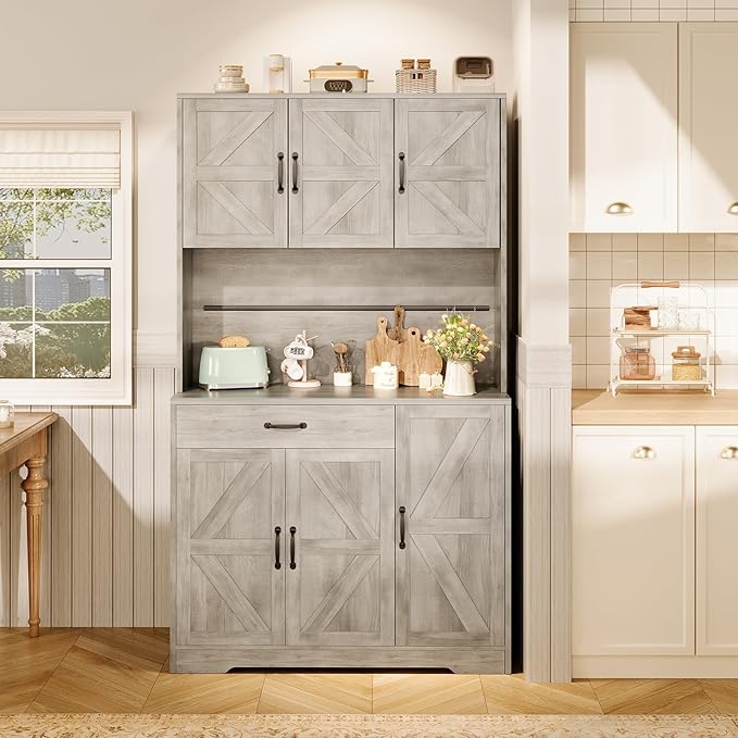 71" Kitchen Pantry Cabinet with Charging Station, Buffet Sideboard for Coffee Maker & Toaster, Storage Cabinet for Snacks, Spices & Wine, Fits Kitchen, Dining Room & Coffee Bar，Grey