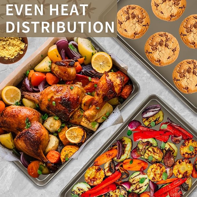2 Pieces Large Sheet Pans Baking Sheet Pan Set, 12 x 17.5 inch Cookie Sheets for Oven, Carbon Steel Half Sheets Trays Nonstick Baking Sheet Set, Gold