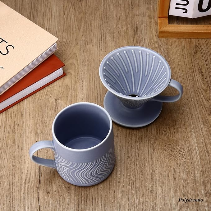 Pour Over Coffee Maker with 100 Sheets of V60 Paper Filter, 15 oz Ceramic Coffee Mug & Ceramic Coffee Dripper, 1 Cup-Single brew coffee set, Purple