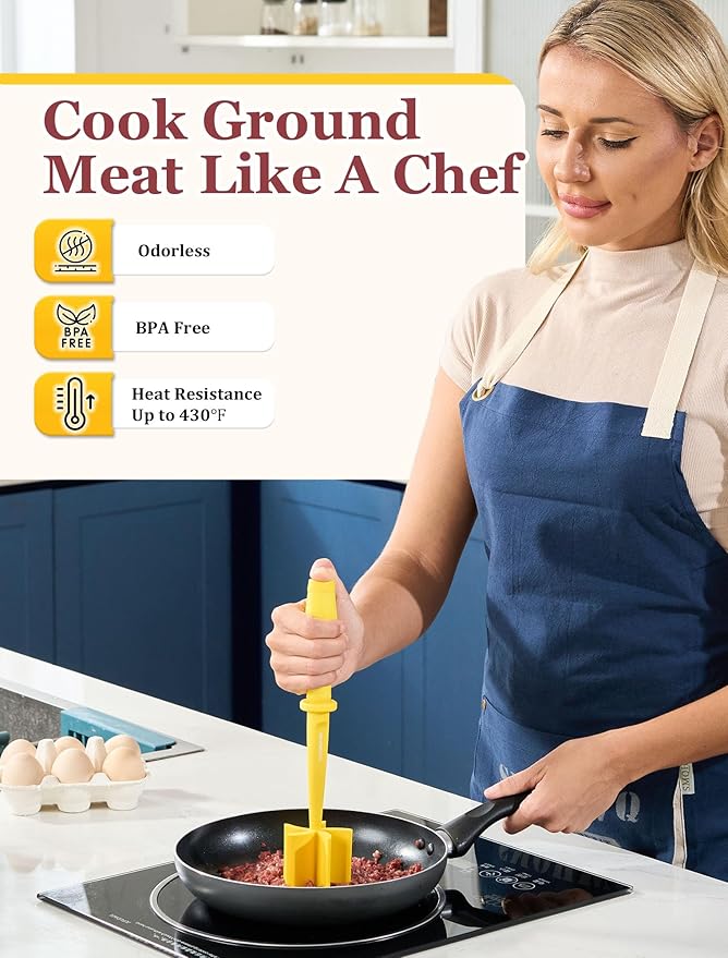 5-Curve Blade Meat Masher for Ground Beef, Heat Resistant Hamburger Chopper, Non-Stick Mix and Chop Kitchen Tool