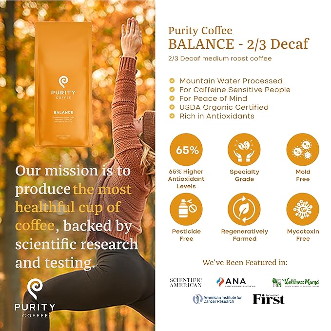 Purity Coffee BALANCE 2/3 Decaf Medium Roast Ground Coffee (12oz Bag) - Specialty-Grade Mountain Water Processed Decaf + Regular Arabica Blend- USDA Certified Organic Decaffeinated - Third Party Tested for Mold, Mycotoxins, Pesticide Residue