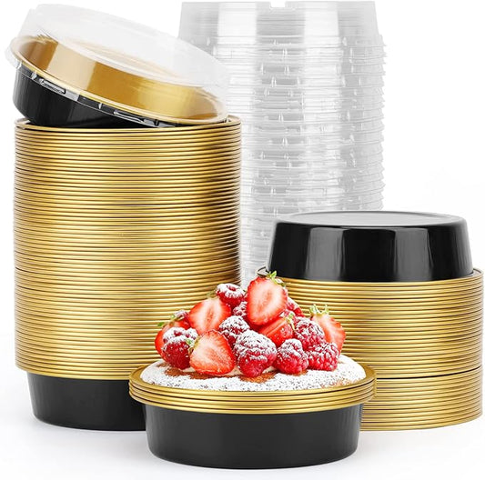 Beasea Aluminum Cupcake Pans With Lids, 4 Inch 100 Pack Disposable Pie Pans For Cake, 8 Oz Aluminum Pie Pan Tin Black Golden Tart Pans Round Oven Baking Mini Cake Pan For Pie Tart Quiche