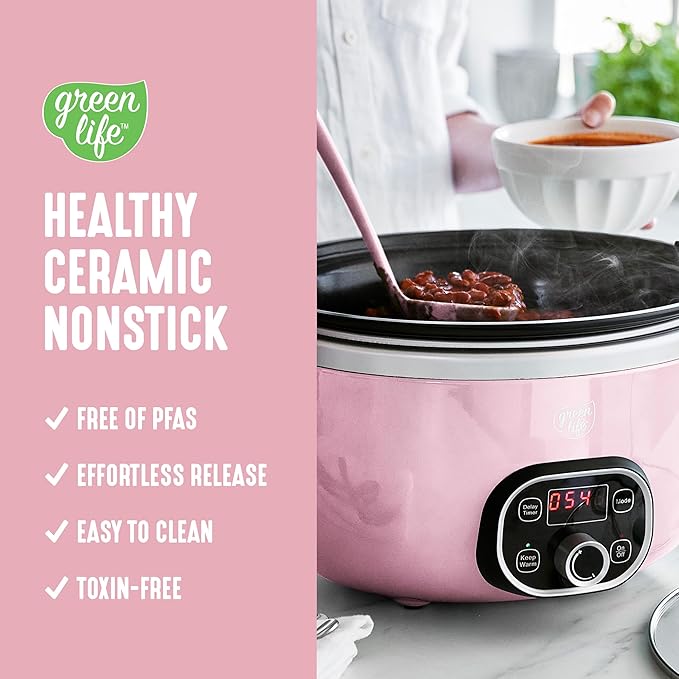GreenLife 8QT Slow Cooker, Non-Toxic PFAS-Free Ceramic Nonstick Removable Interior Bowl, Programmable, Family Friendly, Keep Warm, Stovetop & Oven Safe, Dishwasher Safe Parts, Timer, Glass Lid, Pink