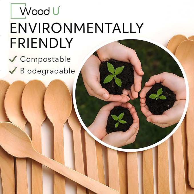 Disposable Wooden Spoons by WoodU | 100% All-Natural, Eco-Friendly, Biodegradable, and Compostable - Pack of 200-6.5" Spoon