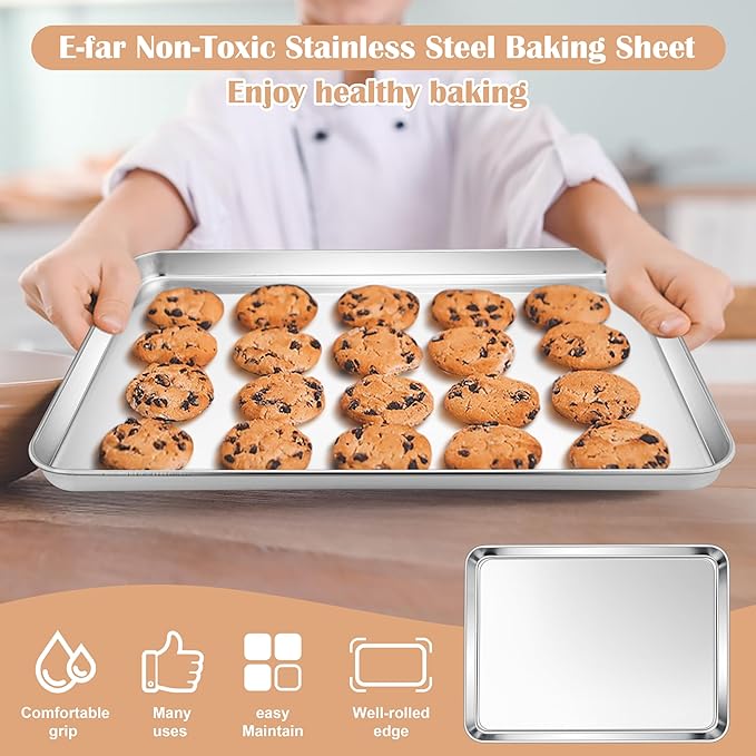 E-far Baking Sheets Set of 2, 16” x12” Stainless Steel Cookie Sheets Pans for Oven, Non-toxic Metal Trays for Baking Cake Cookie, Healthy & Rust Free, Mirror Finish & Dishwasher Safe