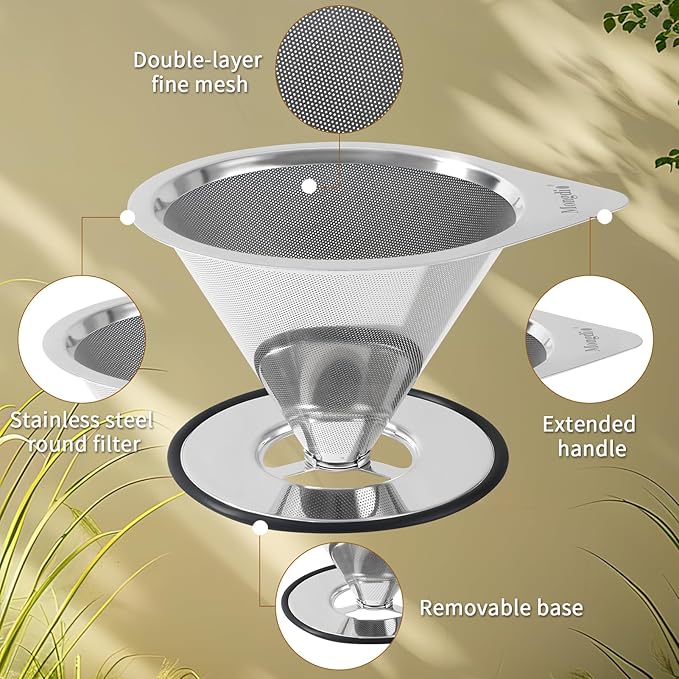 Mongdio Pour Over Coffee Dripper, Stainless Steel Coffee Dripper, Reusable Metal Coffee Filter, Double Mesh Design of Pour Over Coffee Maker, With Removable Base.1-4 Cups