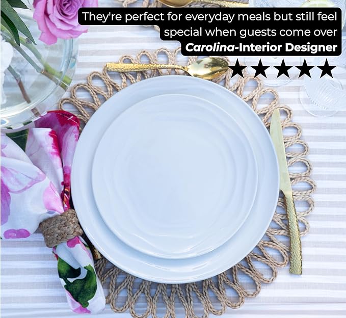 Pots & Patterns White Dinner Plates. Porcelain Dinnerware Set for 4-12-Piece Chip Resistant Plates and Bowls Sets