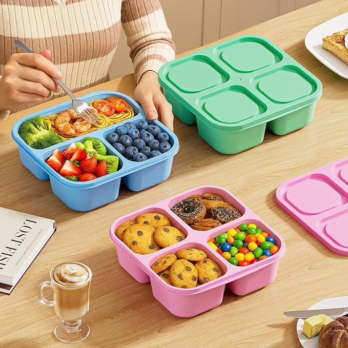 6 Pcs Snack Box Container Set, Reusable 3&4 Compartment Meal Prep Snack Containers for Adults Kids Toddler, BPA-Free Divided Lunchable Container for School, Work and Travel (Multicolor)