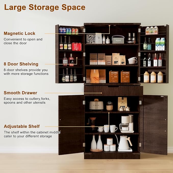 72" Tall Storage Cabinet, Kitchen Pantry Cabinet with Adjustable Shelves & Sturdy Steel Frame, Farmhouse Pantry Storage with 4 Barn Doors for Kitchen, Dining Room, and Living Room, Dark Grey
