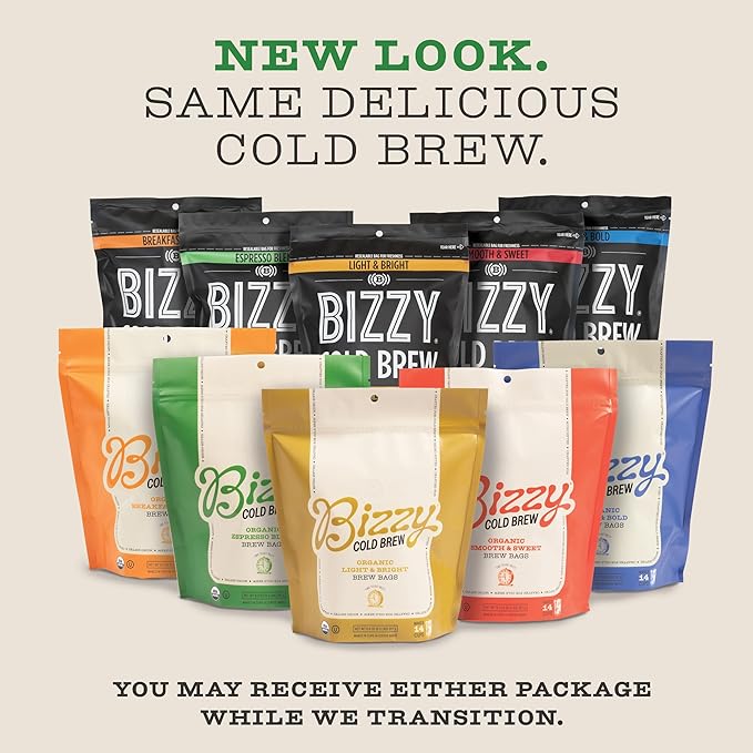 Bizzy Organic Cold Brew Coffee | Breakfast Blend | Coarse Ground Coffee | Medium-Light Roast | Micro Sifted | Specialty Grade | 100% Arabica | Brew Bags | 4 Count | Makes 14 Cups