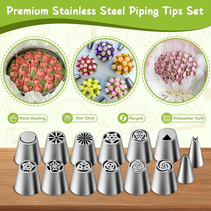 Suuker 27 Pieces Russian Piping Tips Set, Cake Decorating Tips Baking Supplies for Cupcake Cookies Birthday Party (12 Icing Tips 10 Pastry Baking Bags 2 Leaf Piping Tips 2 Couplers 1 Silicone Bag)