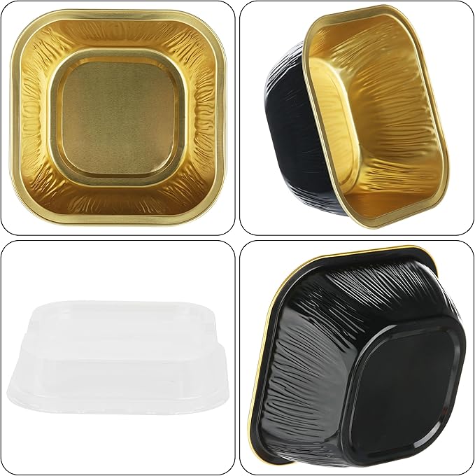 Aluminum Mini Cake Pans With Lids - 30PCS 7.8OZ Foil Baking Cups, Cupcake Liners, Individual Cheesecake Pans for Wedding - Black Gold