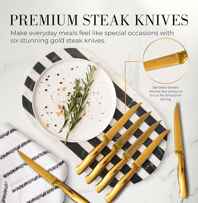 Gold Knife Set for Kitchen with Block and Sharpener – 14-Piece Razor Sharp Titanium Gold Knives with Ashwood Block and Built-In Sharpener – Stylish Kitchen Accessories for Cooking and Prep