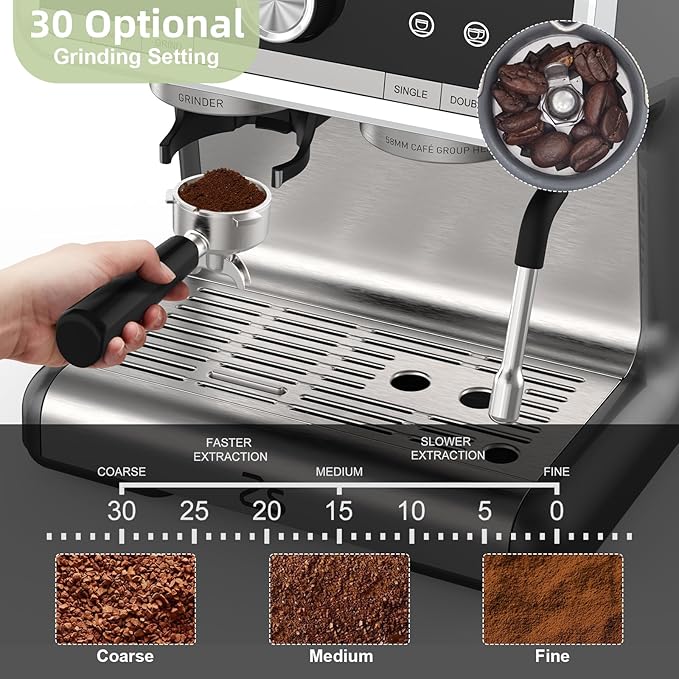 Garvee Espresso Machine With Grinder, 20 Bar Professional Coffee Maker With Milk Frother Steam Wand for Cappuccino, Latte, Macchiato, 95 oz Removable Water Tank, Smart PID Temperature Control