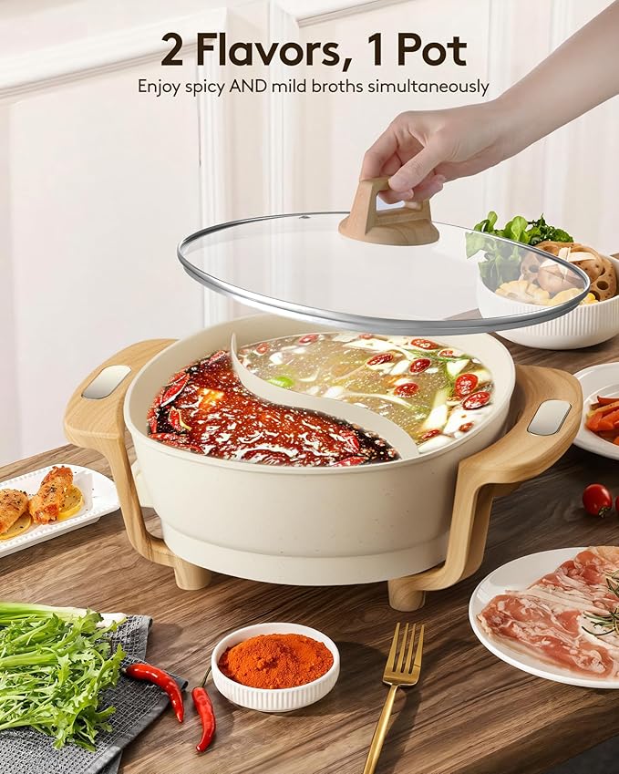 Hot Pot Electric Hot Pot with Divider, Large 6L Nonstick Dual-Sided Shabu Shabu Pot Dual-Flavor hotpot electric 1500W with Adjustable 5-Temperature Control ，Perfect for Family Dinners & Parties